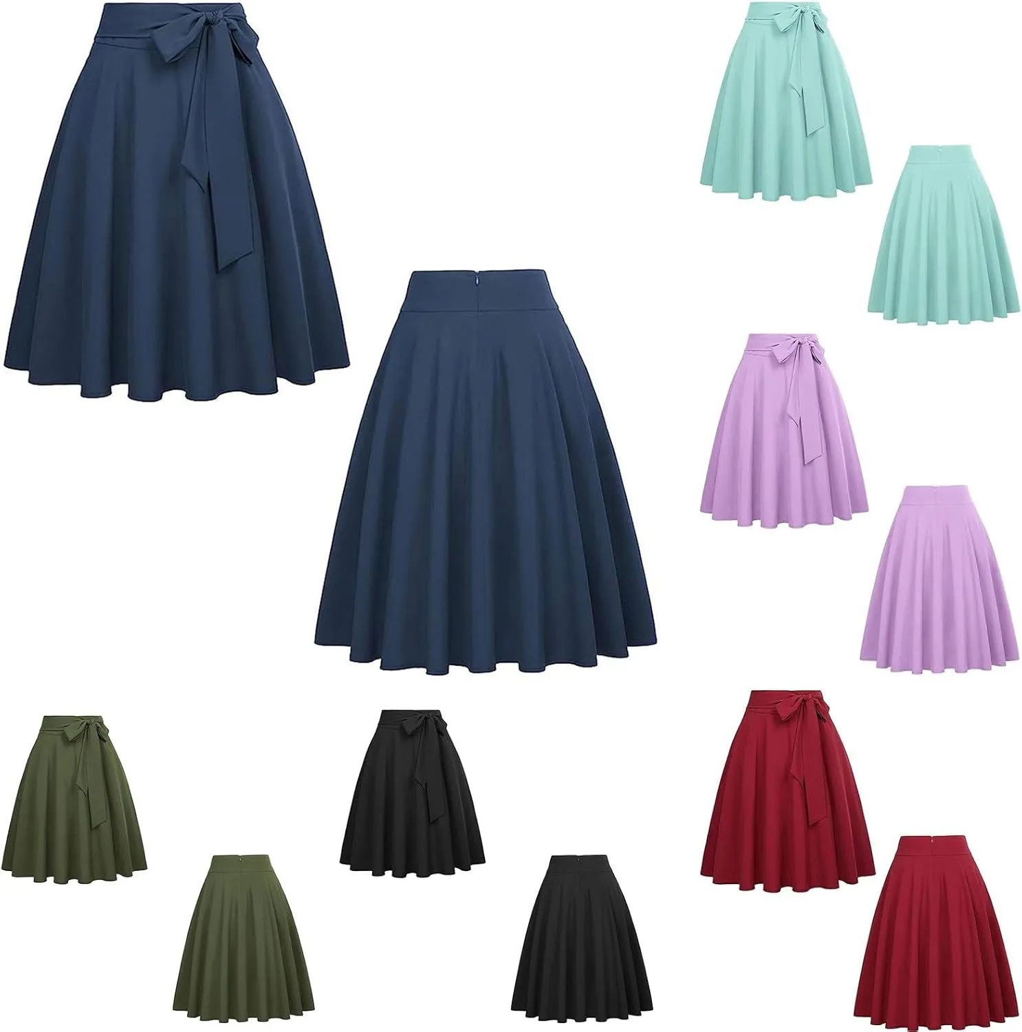 HGps8w Women Swing Elegant Business Office Skirt Vintage Belted High Waist Pleated Mid Length A Line Teacher's Skirts