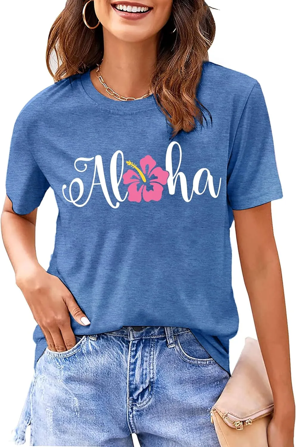 hohololo Hawaiian Shirts for Women Aloha Flower Shirt Ohana Means Family Tee Summer Beach Hawaii Trip Shirt