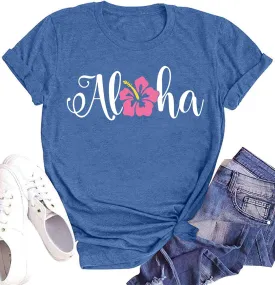 hohololo Hawaiian Shirts for Women Aloha Flower Shirt Ohana Means Family Tee Summer Beach Hawaii Trip Shirt