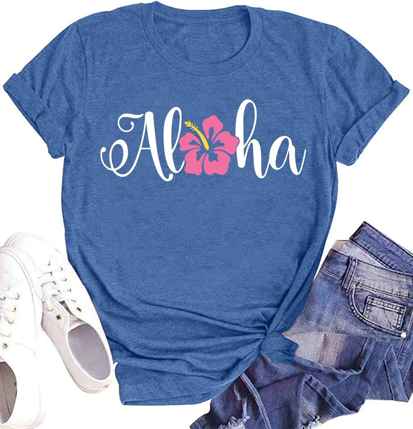 hohololo Hawaiian Shirts for Women Aloha Flower Shirt Ohana Means Family Tee Summer Beach Hawaii Trip Shirt