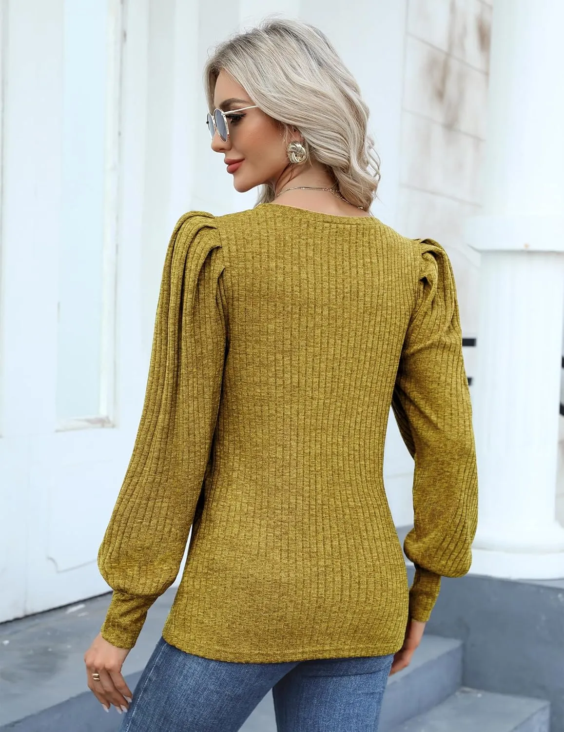 HOTOUCH Women's Knit Blouse Soft Puff Long Sleeve Shirt Tops Lightweight Round Neck Pullover Sweater S-XXL