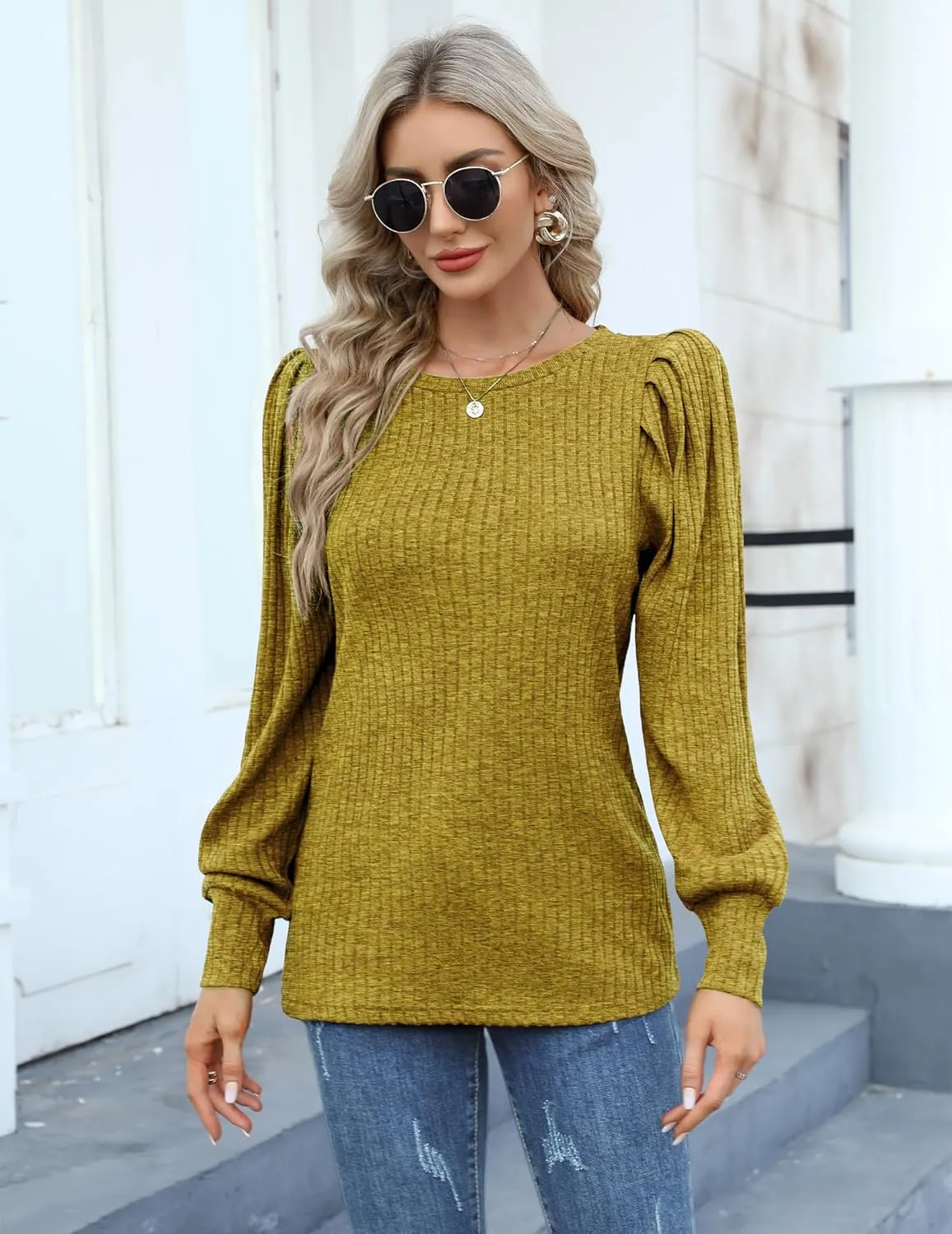 HOTOUCH Women's Knit Blouse Soft Puff Long Sleeve Shirt Tops Lightweight Round Neck Pullover Sweater S-XXL