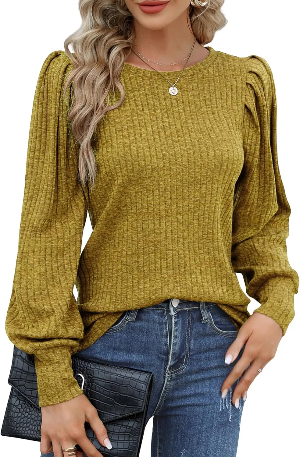 HOTOUCH Women's Knit Blouse Soft Puff Long Sleeve Shirt Tops Lightweight Round Neck Pullover Sweater S-XXL