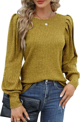 HOTOUCH Women's Knit Blouse Soft Puff Long Sleeve Shirt Tops Lightweight Round Neck Pullover Sweater S-XXL