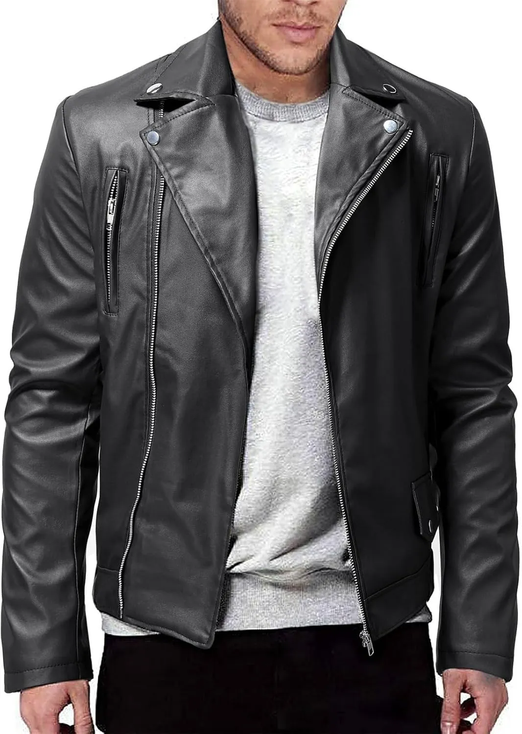 JEsilunmaMY Mens Solid Color Casual Leather Jacket Asymmetric Zip Suit Collar Bomber Coat Fashion Slim Moto Biker Outwear