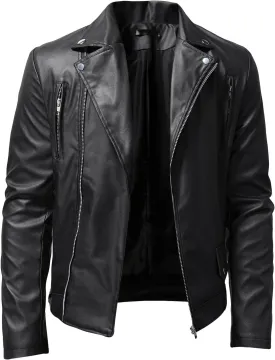 JEsilunmaMY Mens Solid Color Casual Leather Jacket Asymmetric Zip Suit Collar Bomber Coat Fashion Slim Moto Biker Outwear