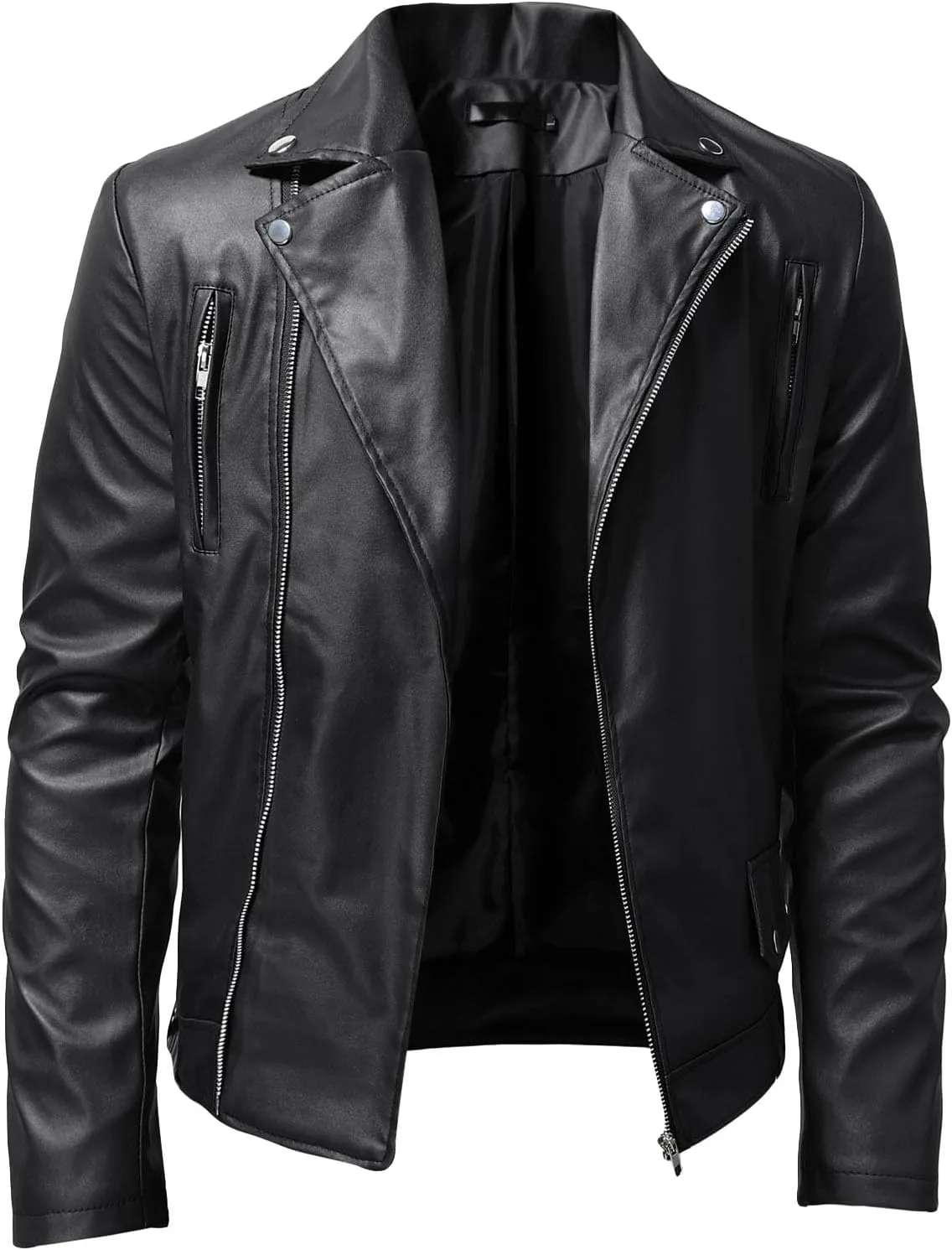 JEsilunmaMY Mens Solid Color Casual Leather Jacket Asymmetric Zip Suit Collar Bomber Coat Fashion Slim Moto Biker Outwear
