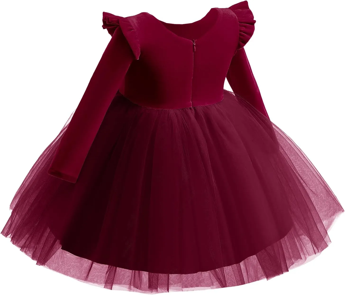 Kids Girls Long Sleeve Ruffle Velvet Tulle Tutu Dress Elegant Princess Dress for Spring Fall Winter