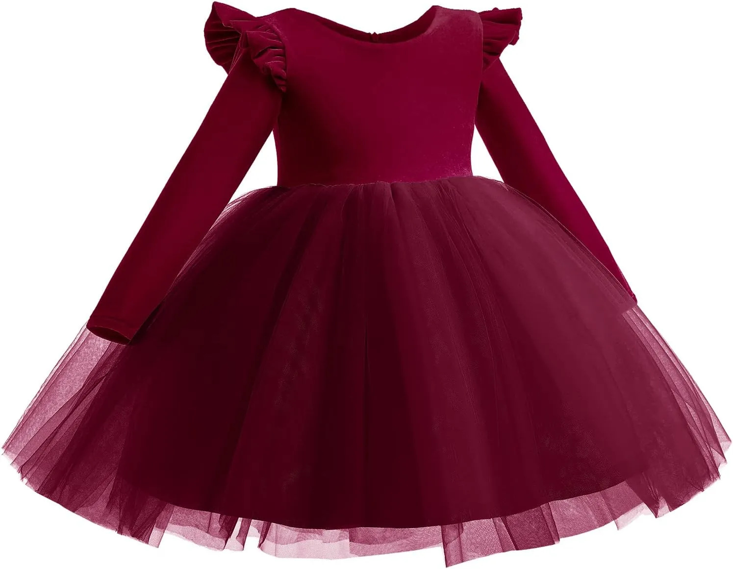 Kids Girls Long Sleeve Ruffle Velvet Tulle Tutu Dress Elegant Princess Dress for Spring Fall Winter