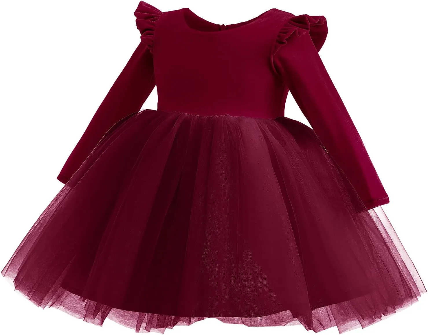 Kids Girls Long Sleeve Ruffle Velvet Tulle Tutu Dress Elegant Princess Dress for Spring Fall Winter