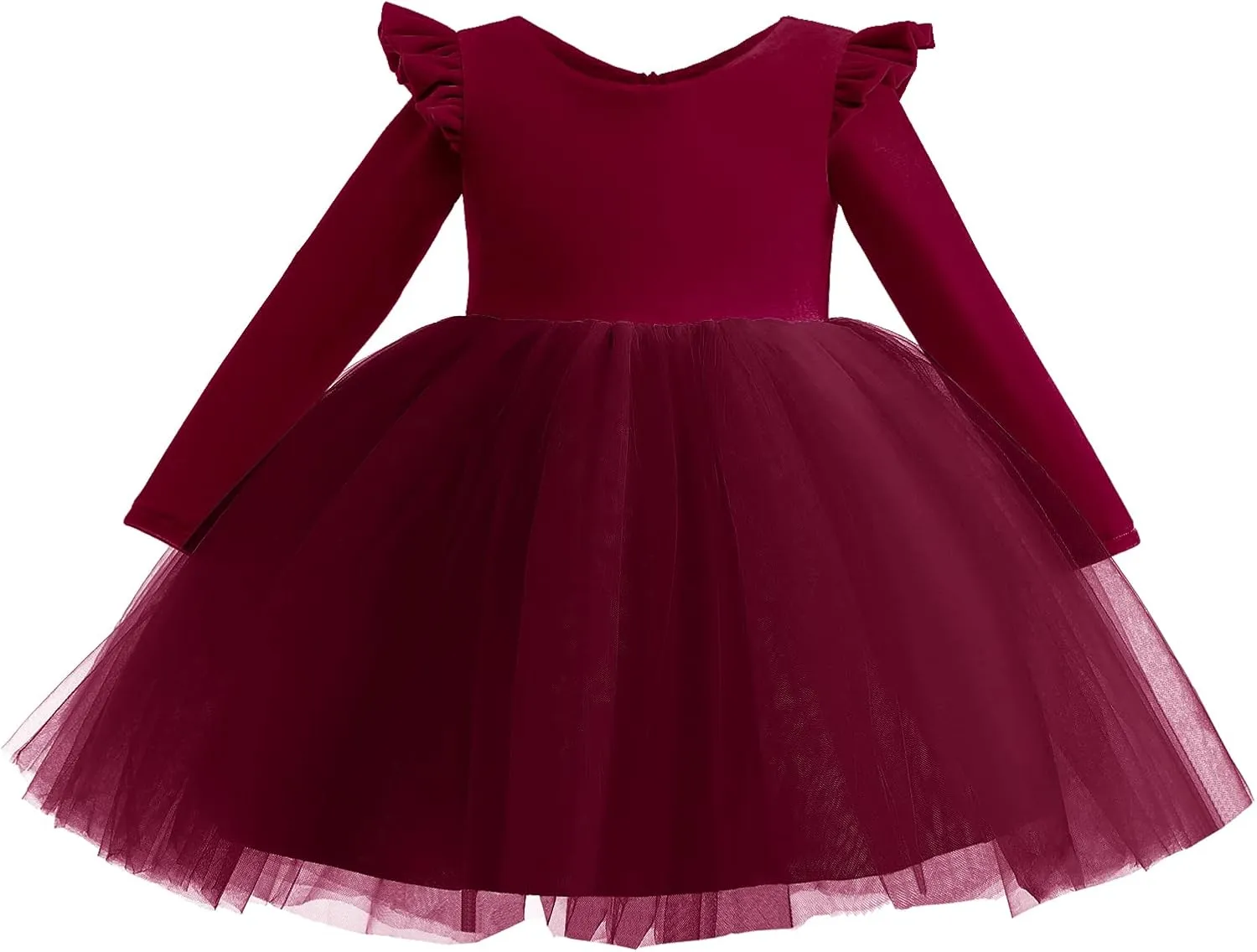 Kids Girls Long Sleeve Ruffle Velvet Tulle Tutu Dress Elegant Princess Dress for Spring Fall Winter