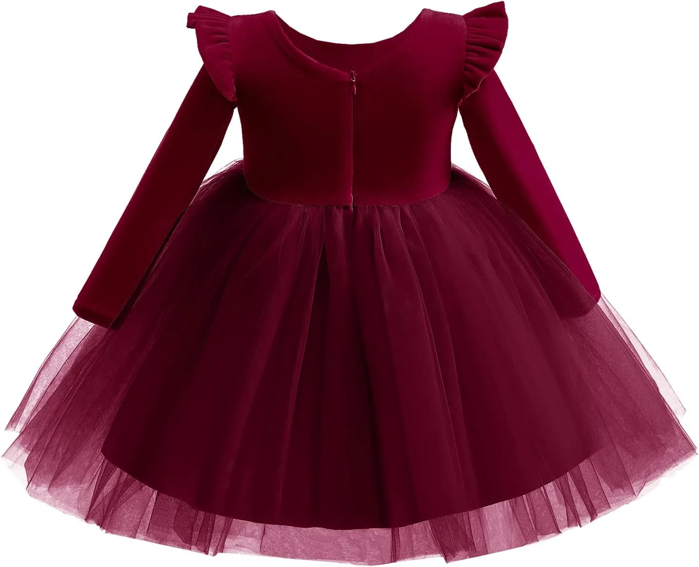 Kids Girls Long Sleeve Ruffle Velvet Tulle Tutu Dress Elegant Princess Dress for Spring Fall Winter