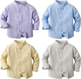 Kids Toddler Boys Long Sleeve Mandarin Collar Uniform Woven Cotton Button Down Linen Dress Shirt Solid Henle Shirt