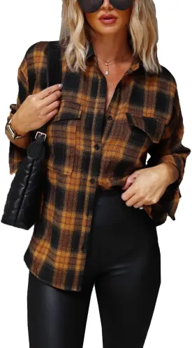 LEEDYA Womens Flannel Buffalo Plaid Shirts Long Sleeve Oversized Button Down Shacket Casual Jacket Coat with Pockets