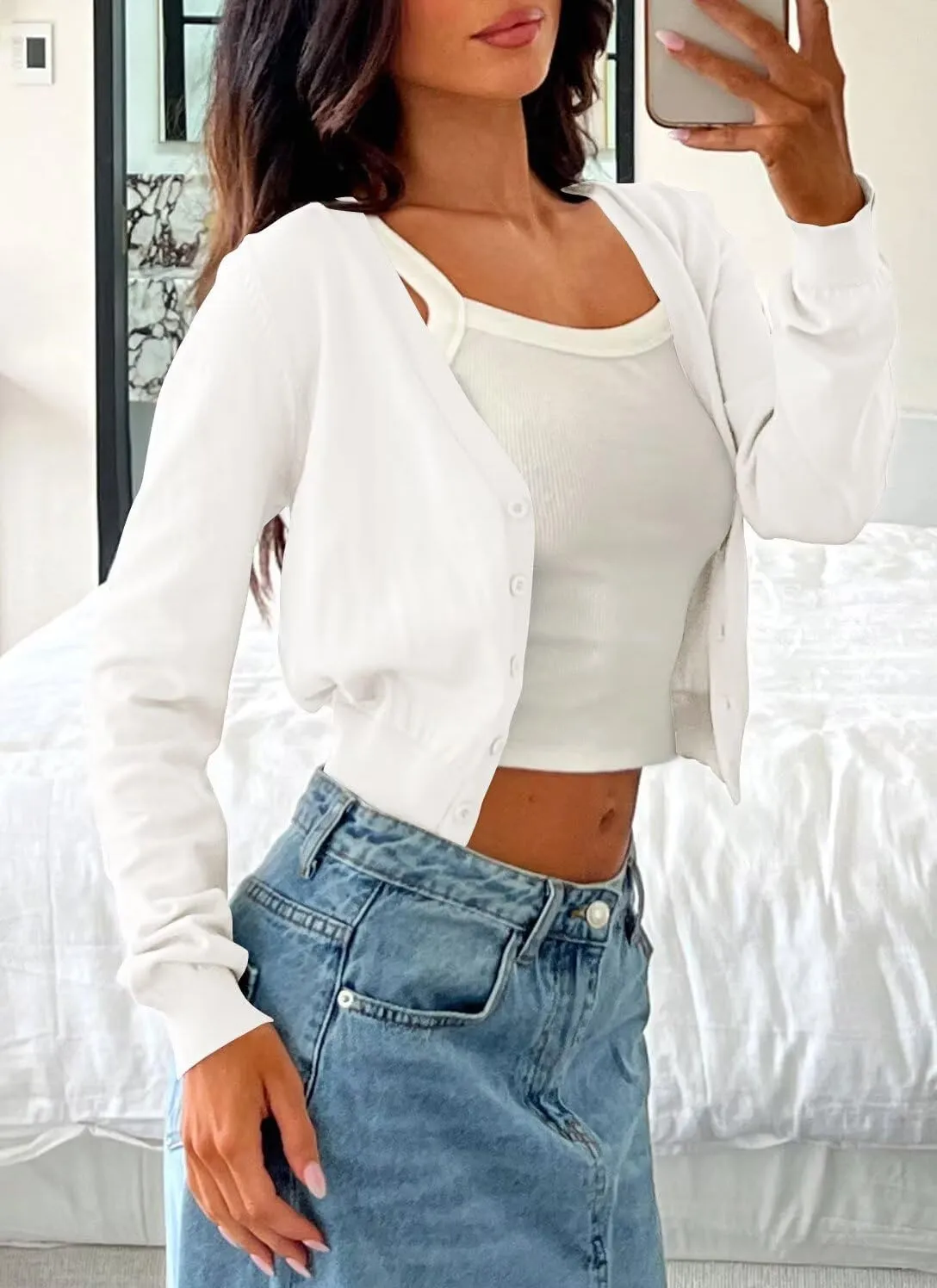 LEEDYA Women's Long Sleeve Cardigans Open Front Knit Cropped Sweaters Fall V Neck Button Down Jacket Tops