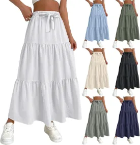 Linen Maxi Skirts for Women 2025 Summer Boho Long Flowy Skirt Bow Tie Elastic Waist Tiered Swing Pleated A Line Skirt