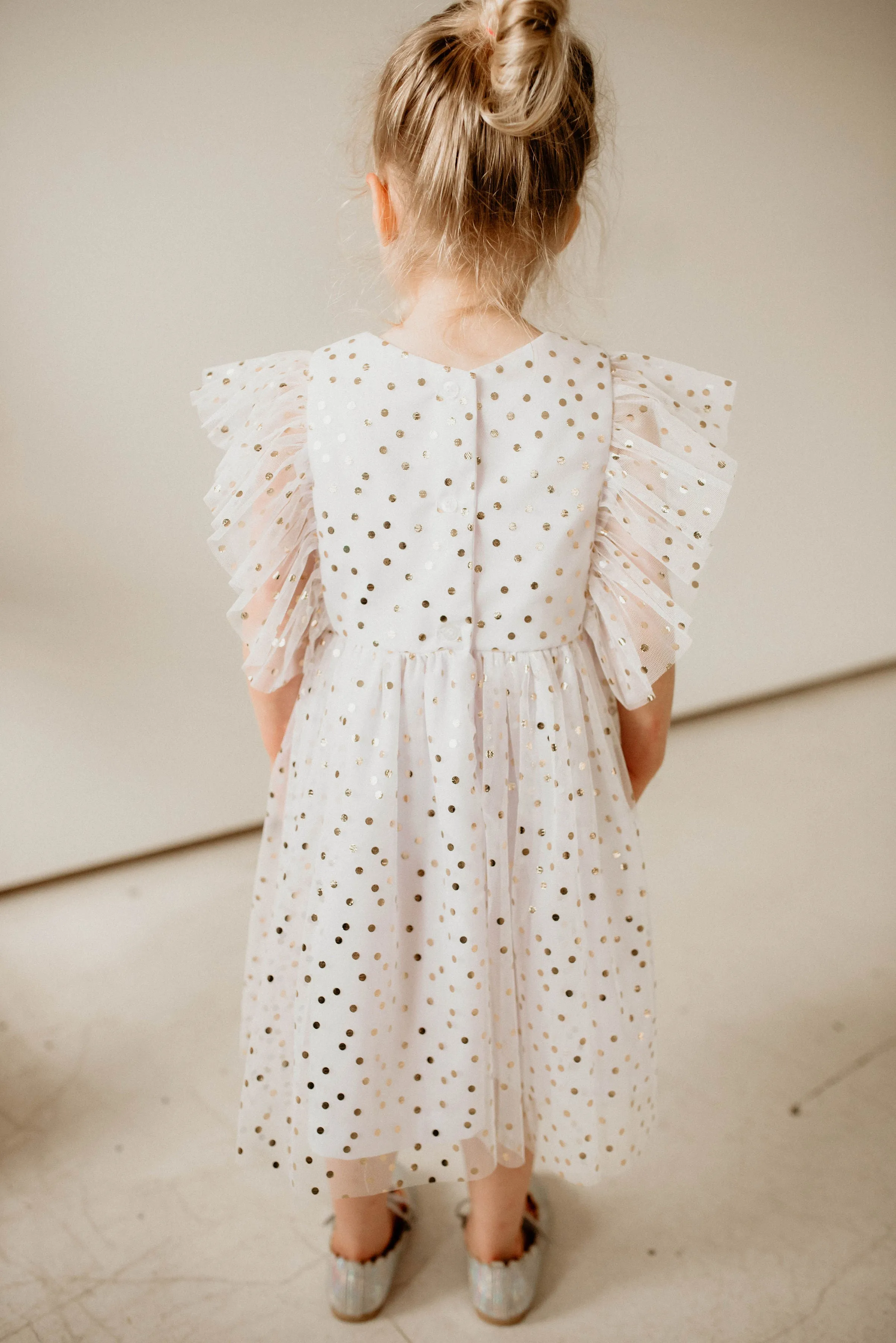 Little Girl's White and Gold Polka Dot Tulle Pinafore Dress