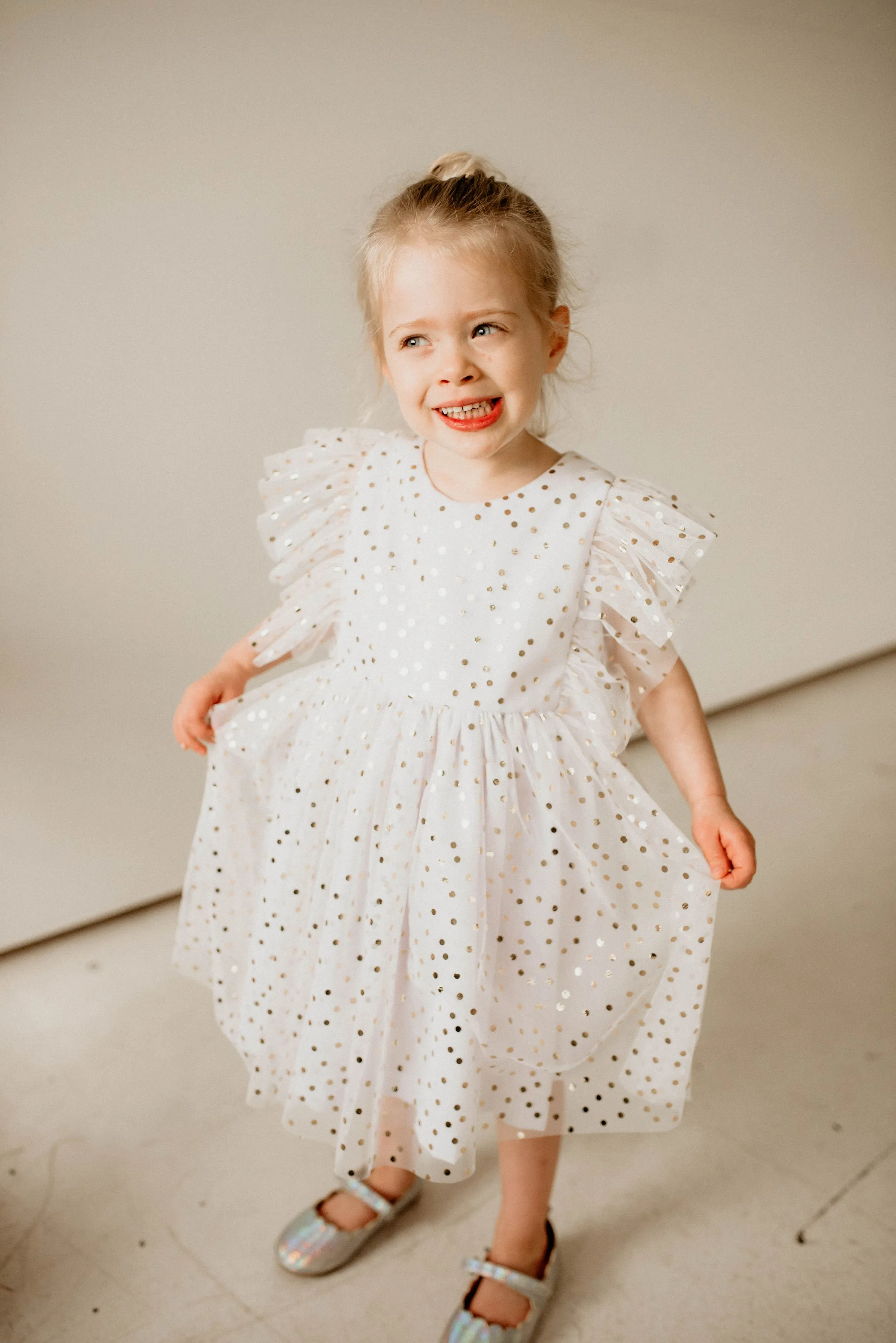 Little Girl's White and Gold Polka Dot Tulle Pinafore Dress