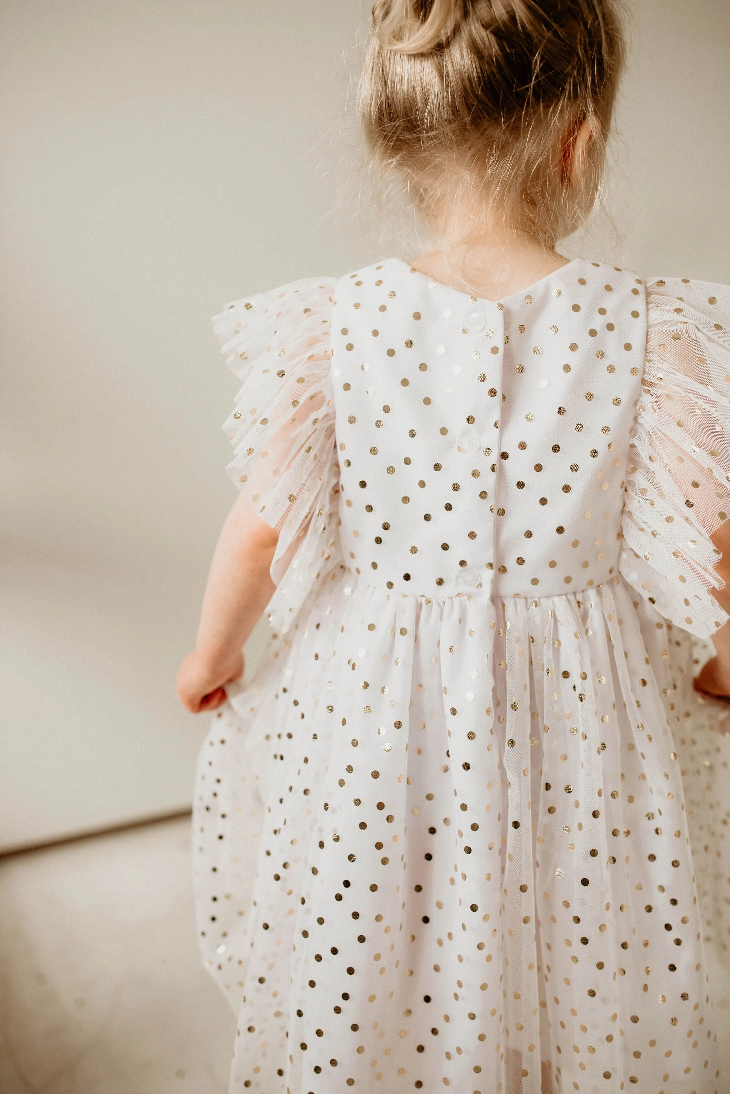 Little Girl's White and Gold Polka Dot Tulle Pinafore Dress