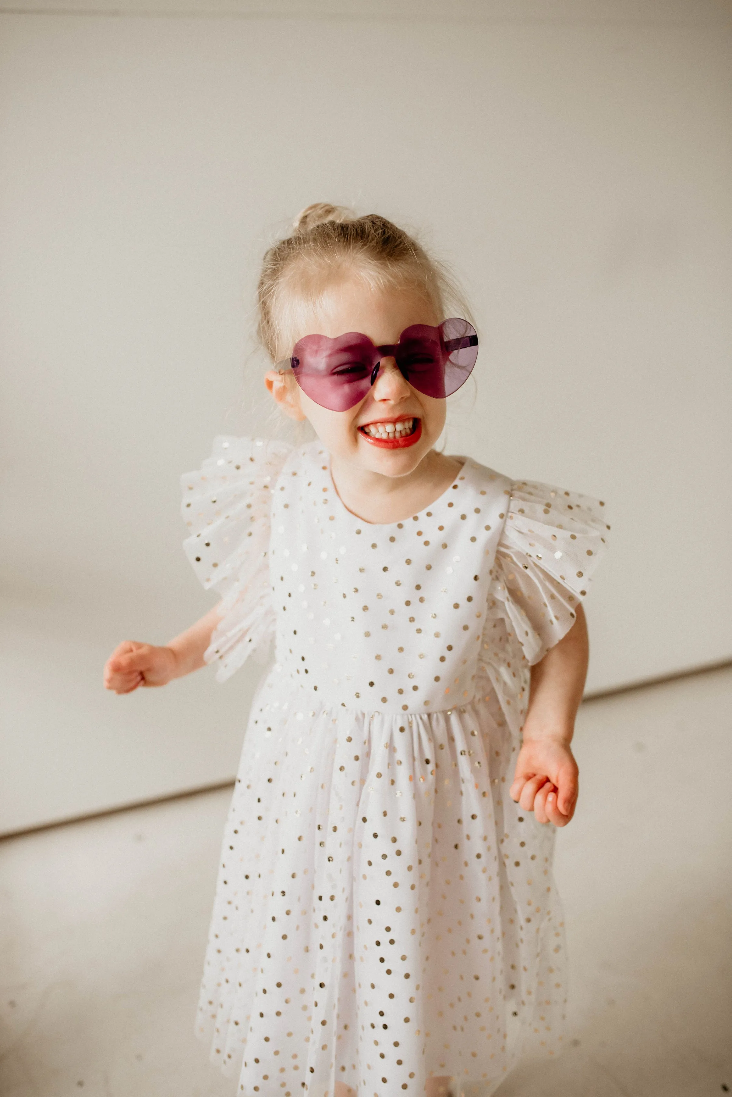 Little Girl's White and Gold Polka Dot Tulle Pinafore Dress