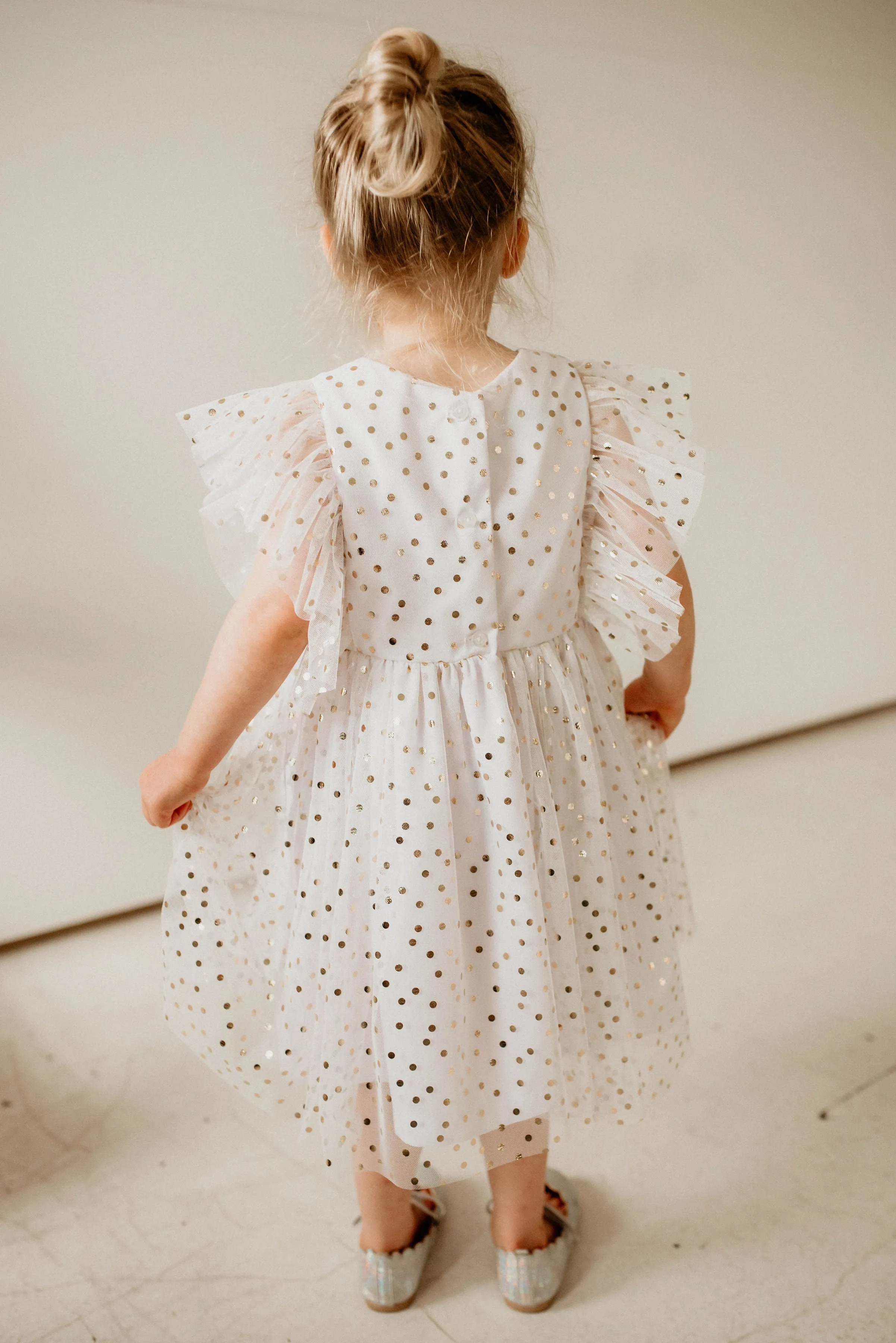 Little Girl's White and Gold Polka Dot Tulle Pinafore Dress