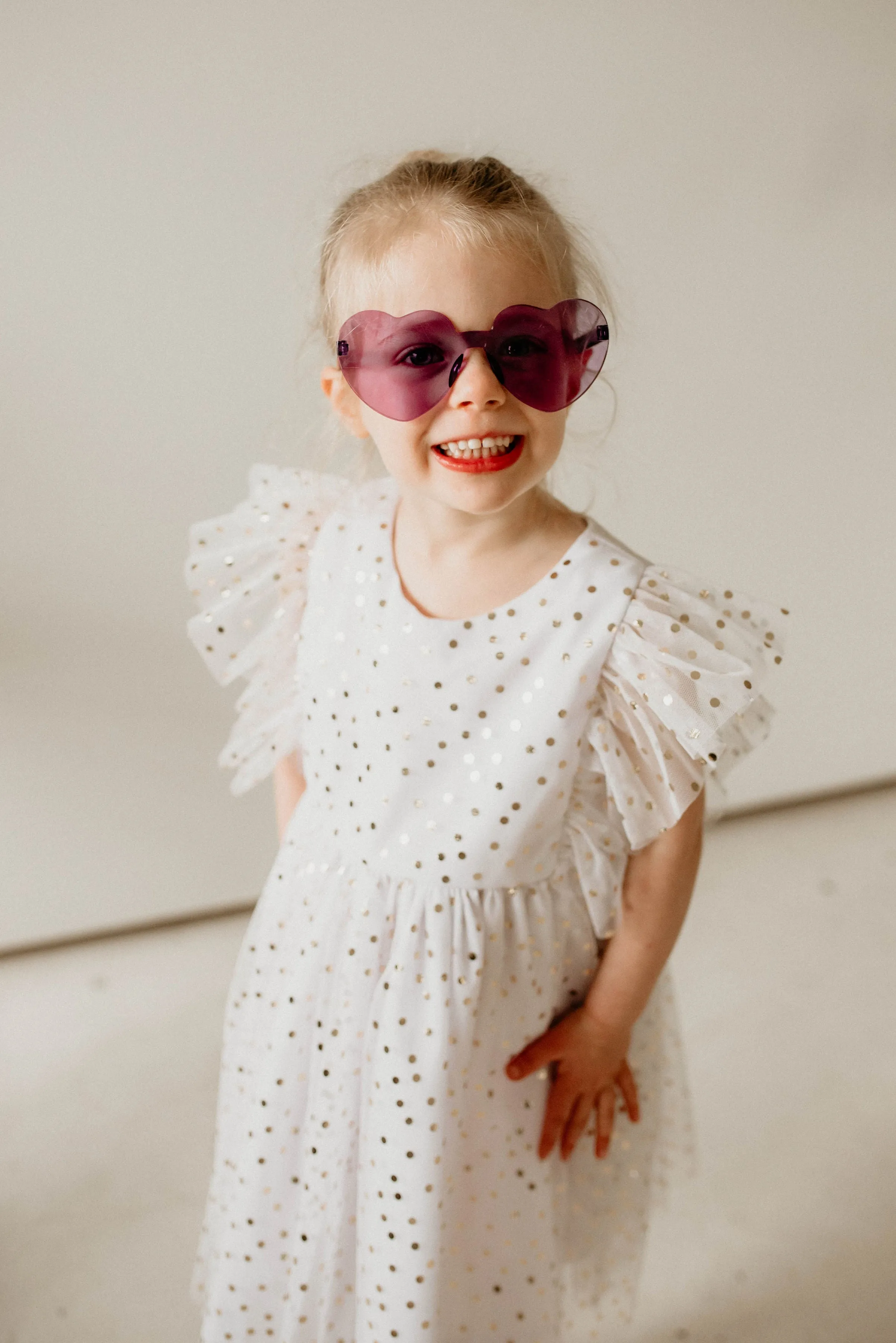 Little Girl's White and Gold Polka Dot Tulle Pinafore Dress