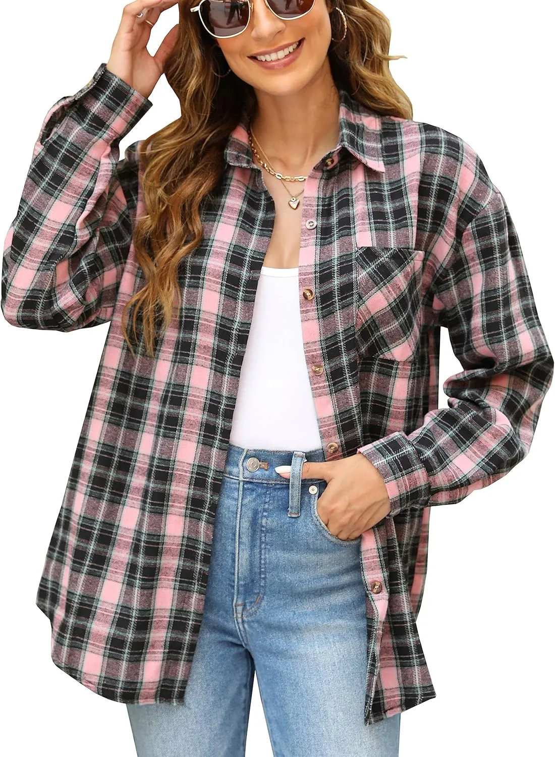 Lumister Oversized Flannel Shirt Women Long Sleeve Plaid Button Buffalo Shirt Blouse Tops with One Pocket