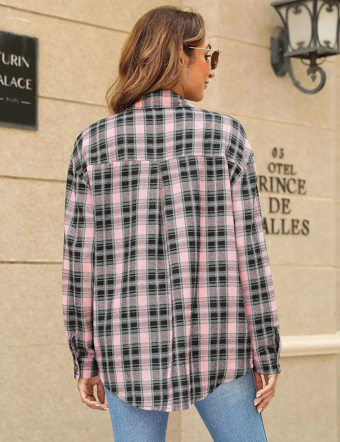 Lumister Oversized Flannel Shirt Women Long Sleeve Plaid Button Buffalo Shirt Blouse Tops with One Pocket
