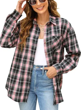 Lumister Oversized Flannel Shirt Women Long Sleeve Plaid Button Buffalo Shirt Blouse Tops with One Pocket