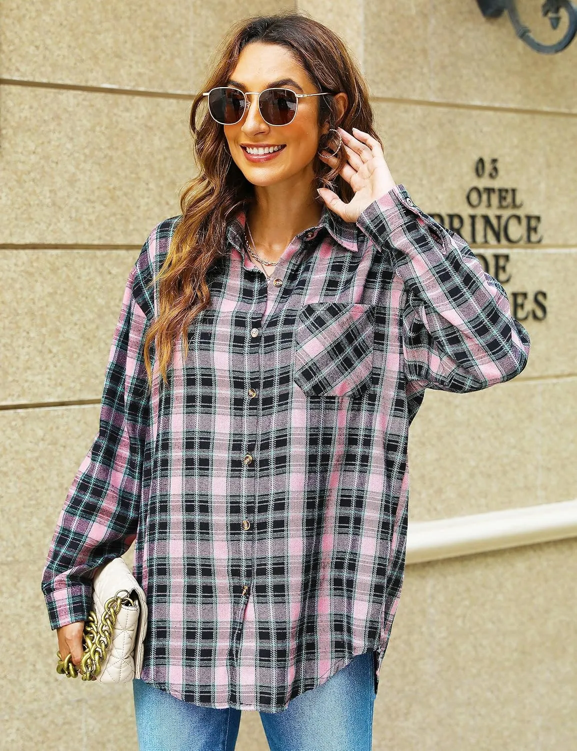 Lumister Oversized Flannel Shirt Women Long Sleeve Plaid Button Buffalo Shirt Blouse Tops with One Pocket