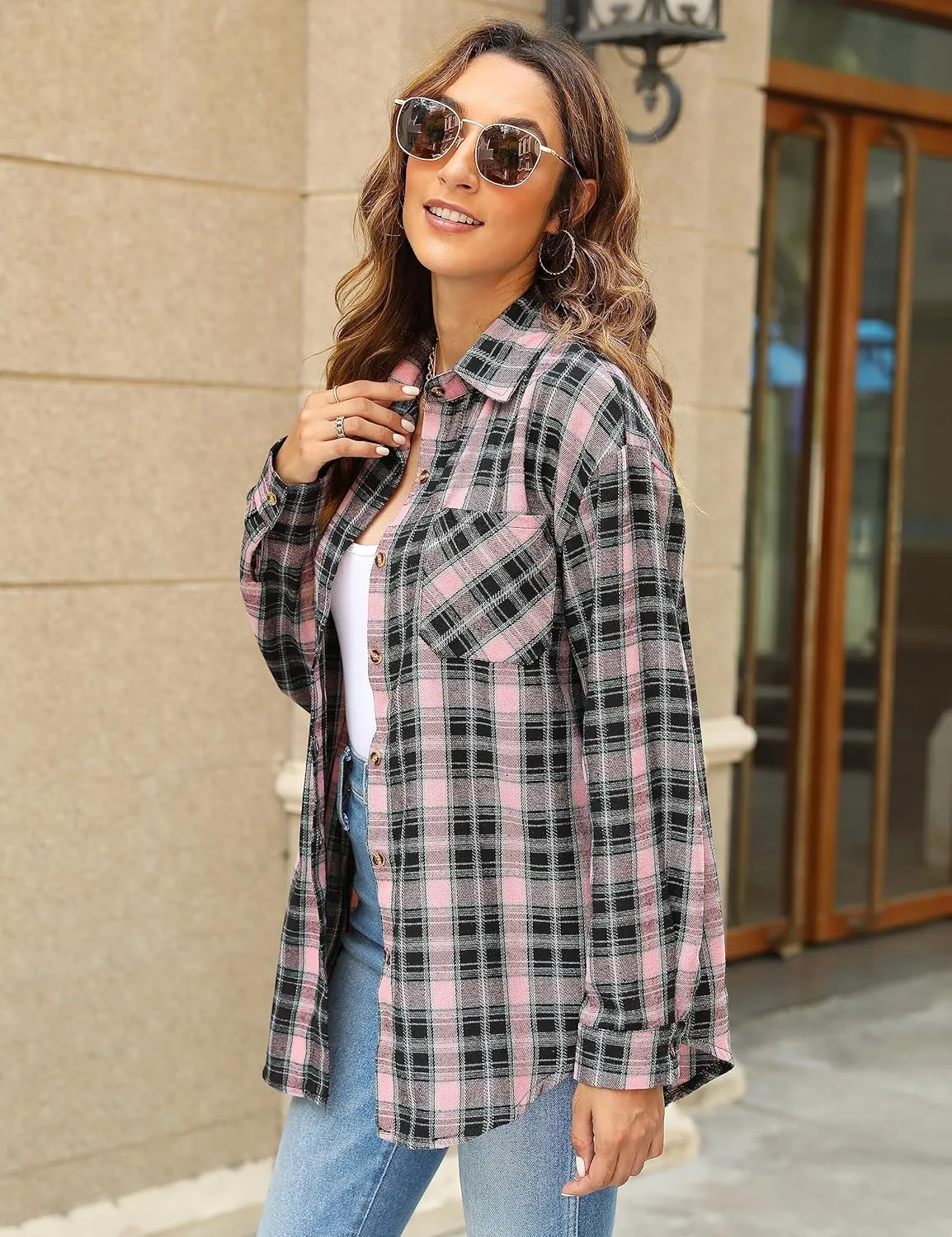 Lumister Oversized Flannel Shirt Women Long Sleeve Plaid Button Buffalo Shirt Blouse Tops with One Pocket