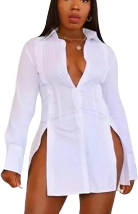LYANER Women's Button Down Shirt Dress Collar V Neck Long Sleeve Slit Sexy Shirt Dresses