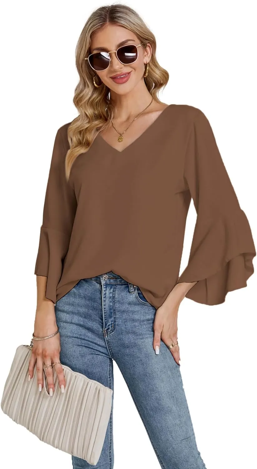 LYANER Women's Casual V Neck Ruffle Bell Half Sleeve Blouse Shirt Tunic Top