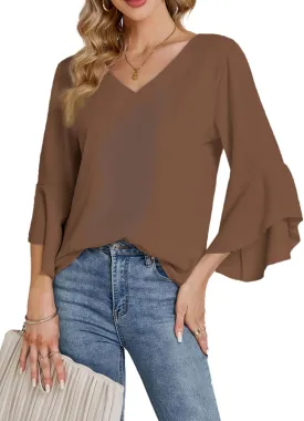 LYANER Women's Casual V Neck Ruffle Bell Half Sleeve Blouse Shirt Tunic Top