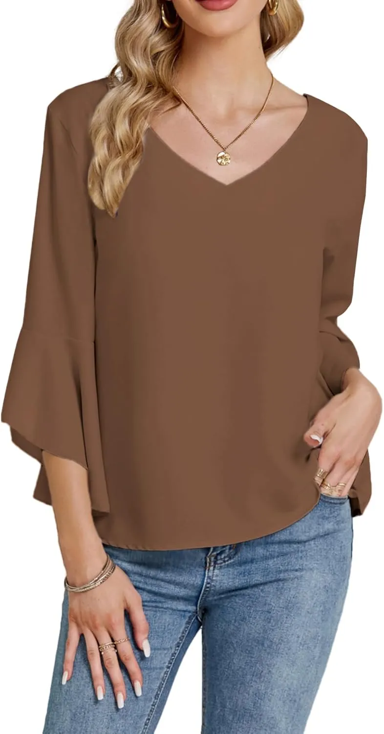 LYANER Women's Casual V Neck Ruffle Bell Half Sleeve Blouse Shirt Tunic Top