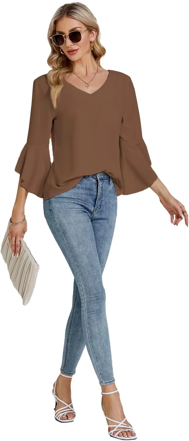 LYANER Women's Casual V Neck Ruffle Bell Half Sleeve Blouse Shirt Tunic Top