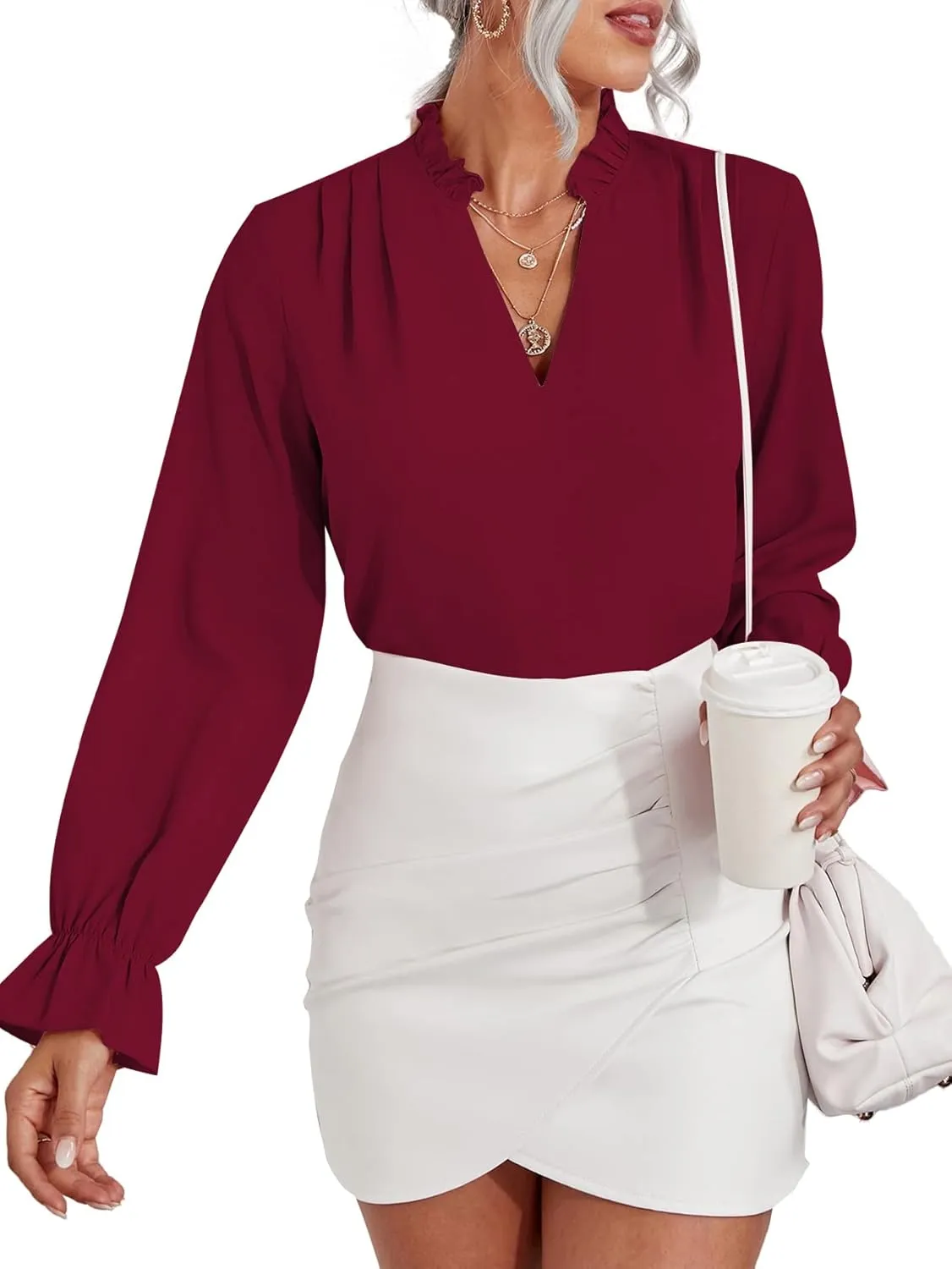 LYANER Women's Ruffle V Neck Solid Long Sleeve Chiffon Blouse Shirt Top