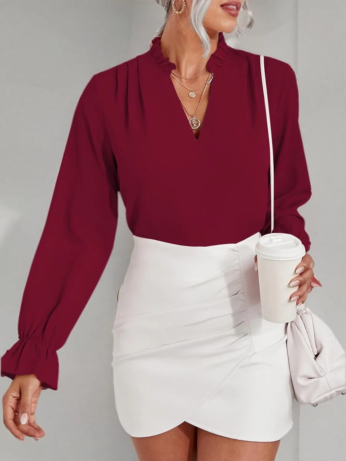 LYANER Women's Ruffle V Neck Solid Long Sleeve Chiffon Blouse Shirt Top