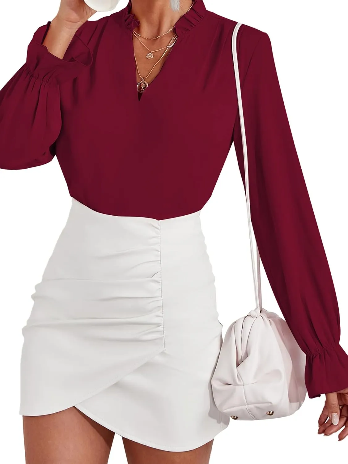 LYANER Women's Ruffle V Neck Solid Long Sleeve Chiffon Blouse Shirt Top