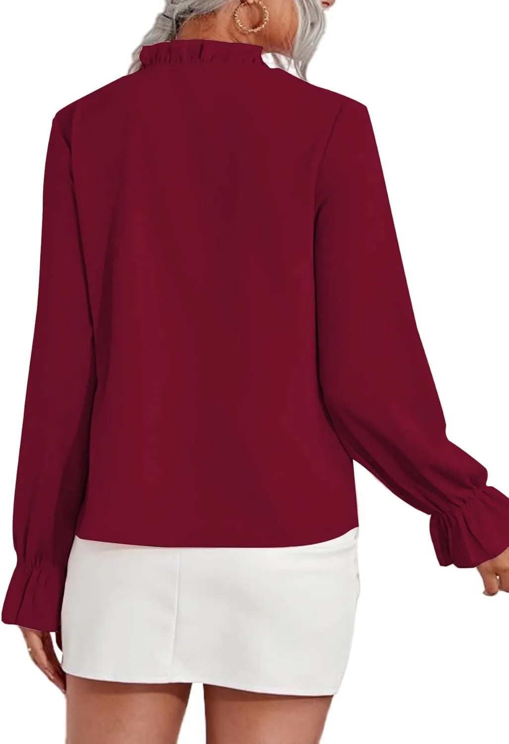 LYANER Women's Ruffle V Neck Solid Long Sleeve Chiffon Blouse Shirt Top