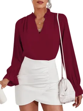 LYANER Women's Ruffle V Neck Solid Long Sleeve Chiffon Blouse Shirt Top