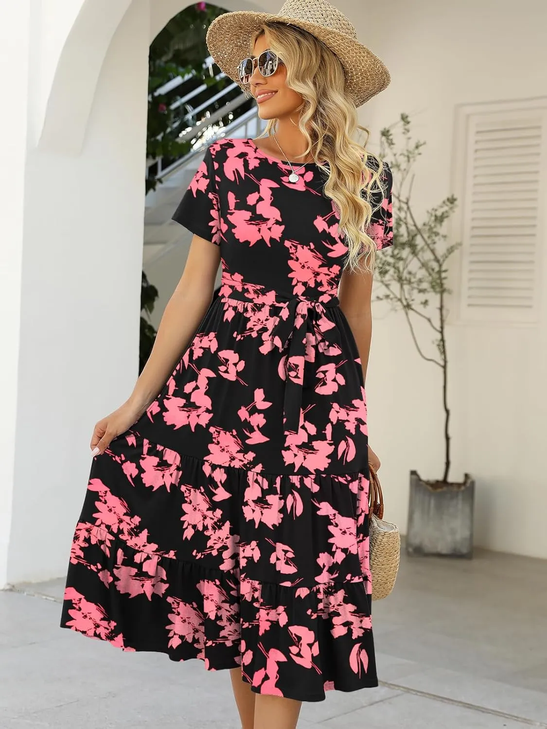 Lyrur Women's Dresses Casual Summer Tiered Midi Dress Short Sleeve Belted Ruffle Babydoll Boho Sundress with Pockets