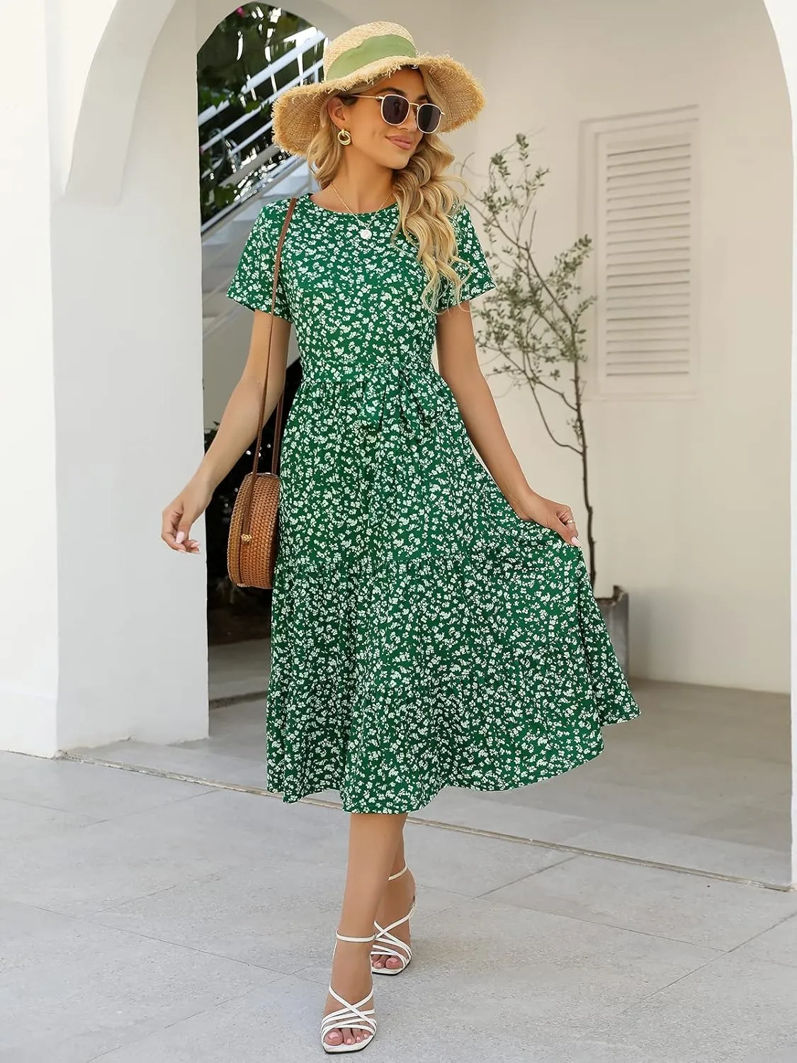 Lyrur Women's Dresses Casual Summer Tiered Midi Dress Short Sleeve Belted Ruffle Babydoll Boho Sundress with Pockets