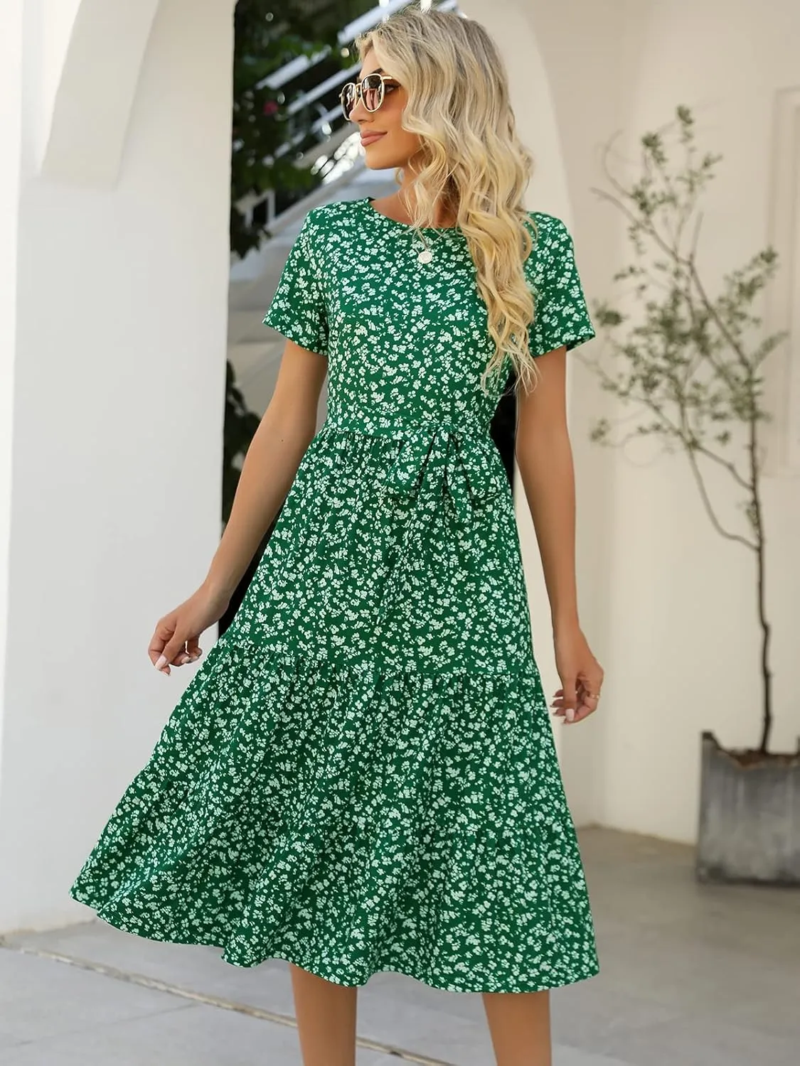 Lyrur Women's Dresses Casual Summer Tiered Midi Dress Short Sleeve Belted Ruffle Babydoll Boho Sundress with Pockets