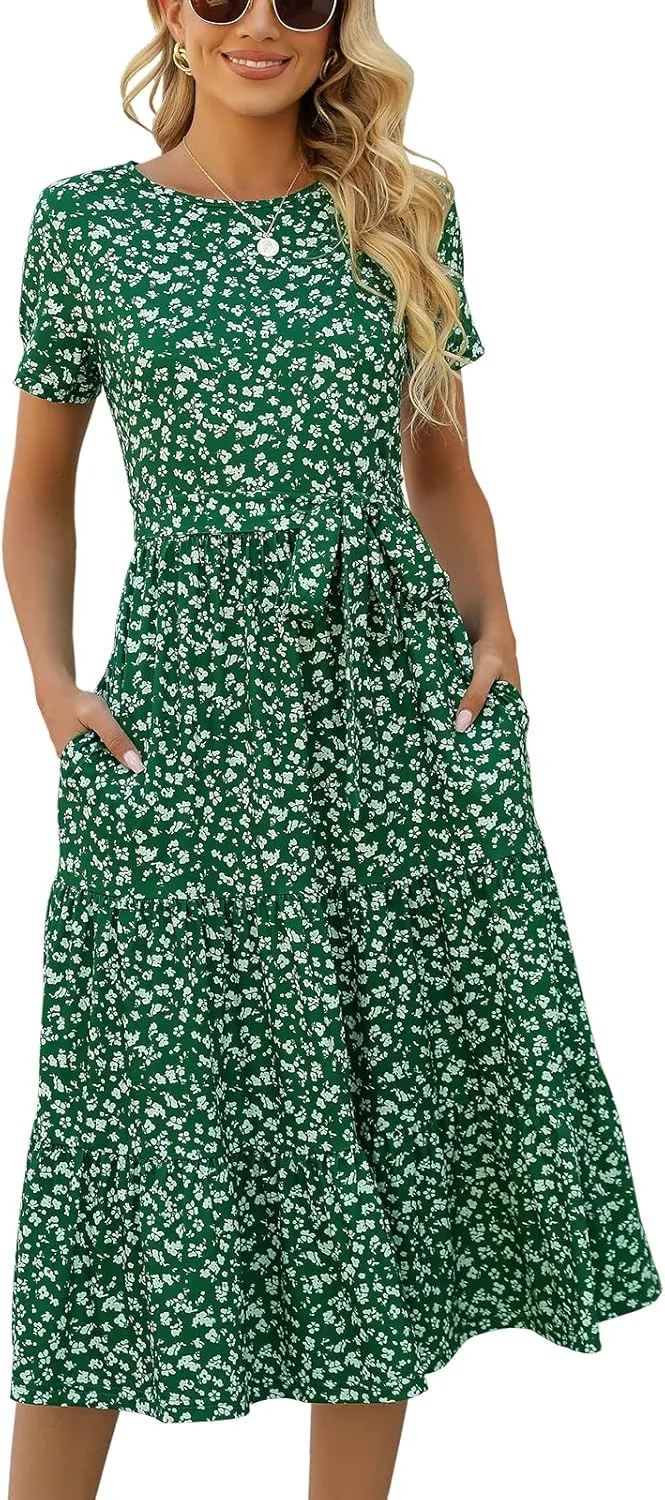 Lyrur Women's Dresses Casual Summer Tiered Midi Dress Short Sleeve Belted Ruffle Babydoll Boho Sundress with Pockets