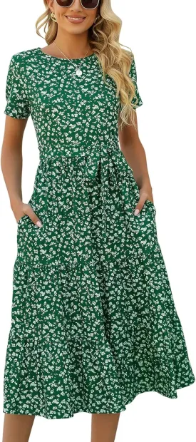 Lyrur Women's Dresses Casual Summer Tiered Midi Dress Short Sleeve Belted Ruffle Babydoll Boho Sundress with Pockets