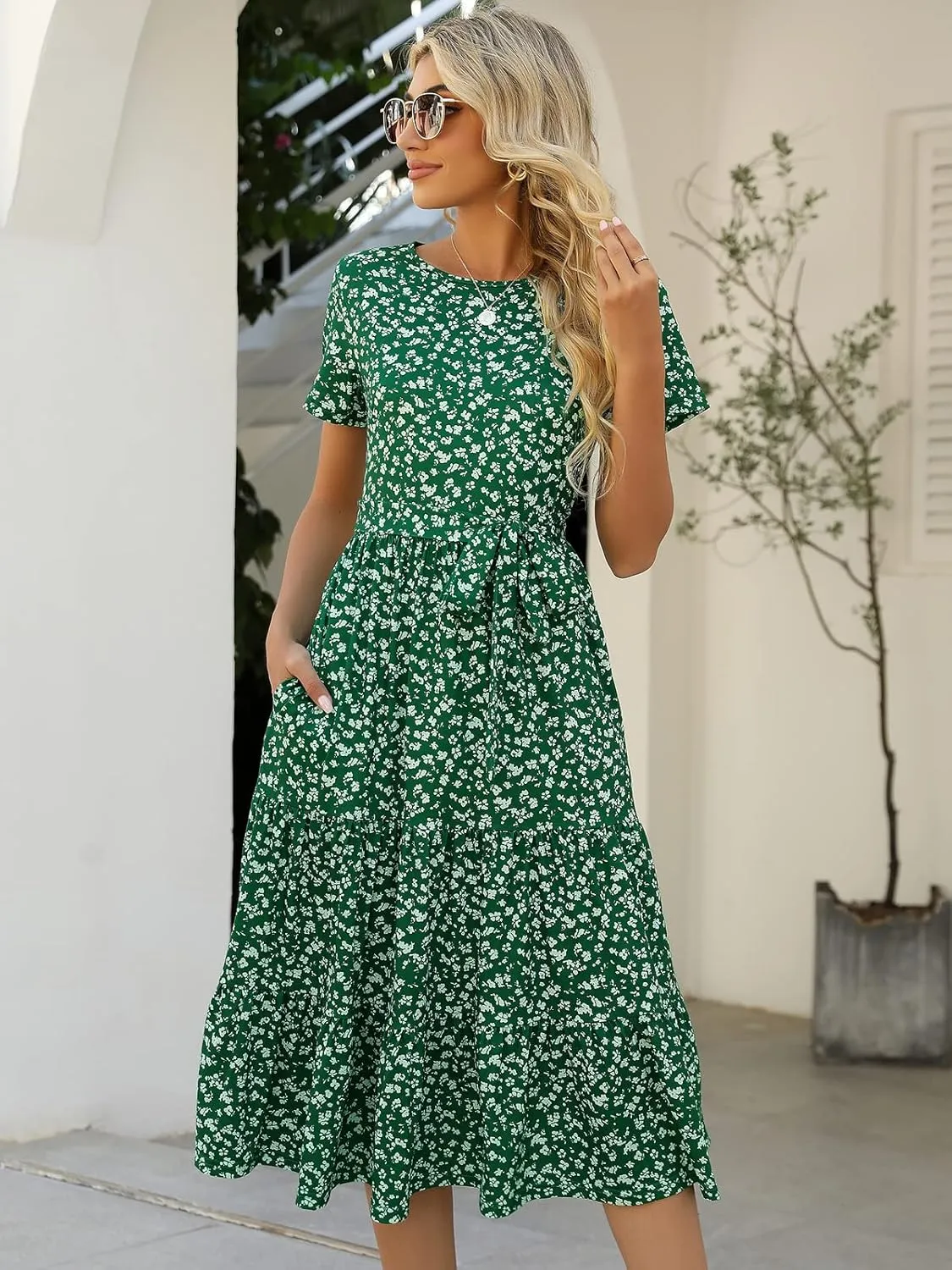 Lyrur Women's Dresses Casual Summer Tiered Midi Dress Short Sleeve Belted Ruffle Babydoll Boho Sundress with Pockets