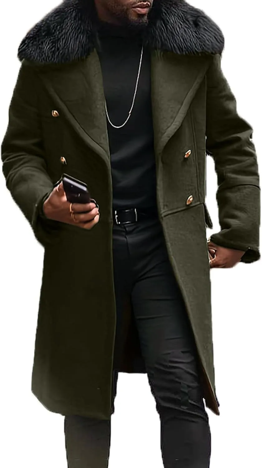 Maiyifu-GJ Men's Winter Wool Blend Trench Coat Mid-Length Double Breasted Pea Coats Casual Business Long Jackets Overcoat