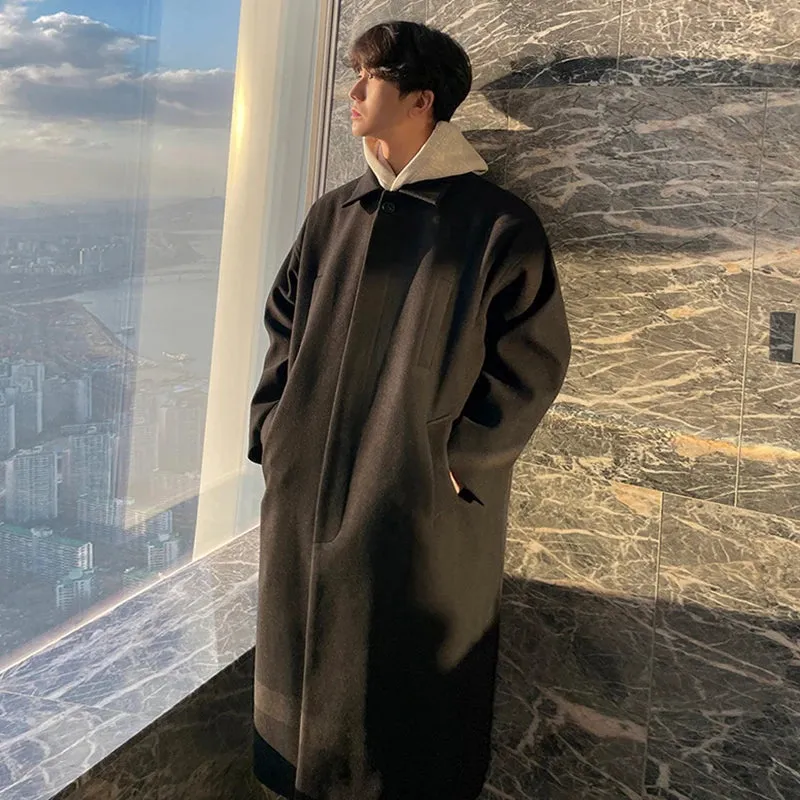 Male Woolen Coat Casual Knee Length Button Turn-down Collar Baggy Solid Color Trench Korean Version Stylish  9D1685