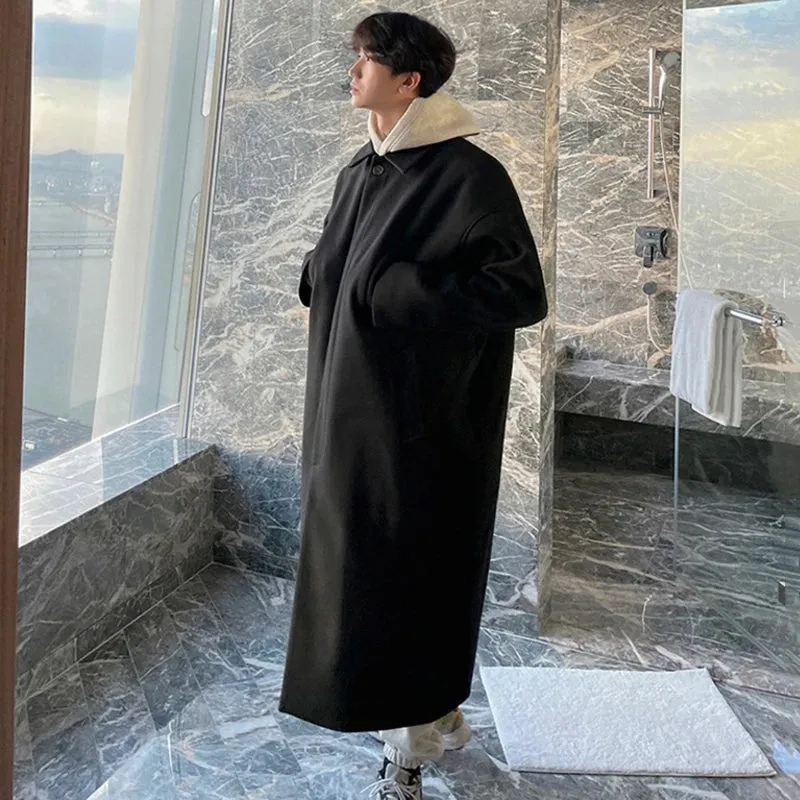 Male Woolen Coat Casual Knee Length Button Turn-down Collar Baggy Solid Color Trench Korean Version Stylish  9D1685